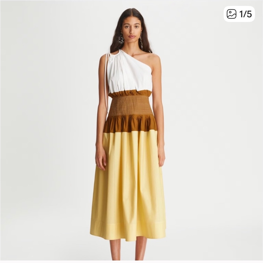 Tory Burch One-Shoulder Dress in White, Brown, and Yellow